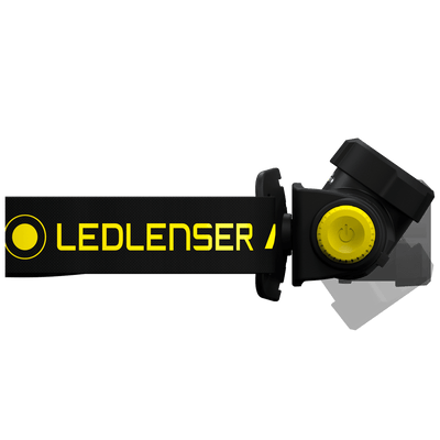 Ledlenser H5R Work Headlamp shown in side view with black adjustable strap and yellow power dial