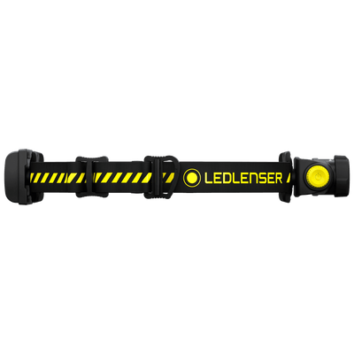 Ledlenser H5R Work Headlamp with adjustable black head strap and yellow dial on the right side