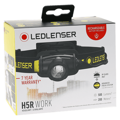 Ledlenser H5R Work Headlamp packaging box showing a black headlamp with a yellow strap and product image