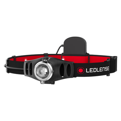 Ledlenser H5 Battery Operated Headlamp with black red headband and back battery pack shown worn on head
