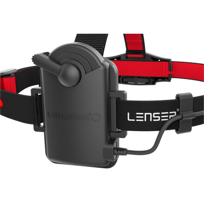 Ledlenser H6R Headlamp with adjustable black and red headband front mounted battery pack and attached charging cable