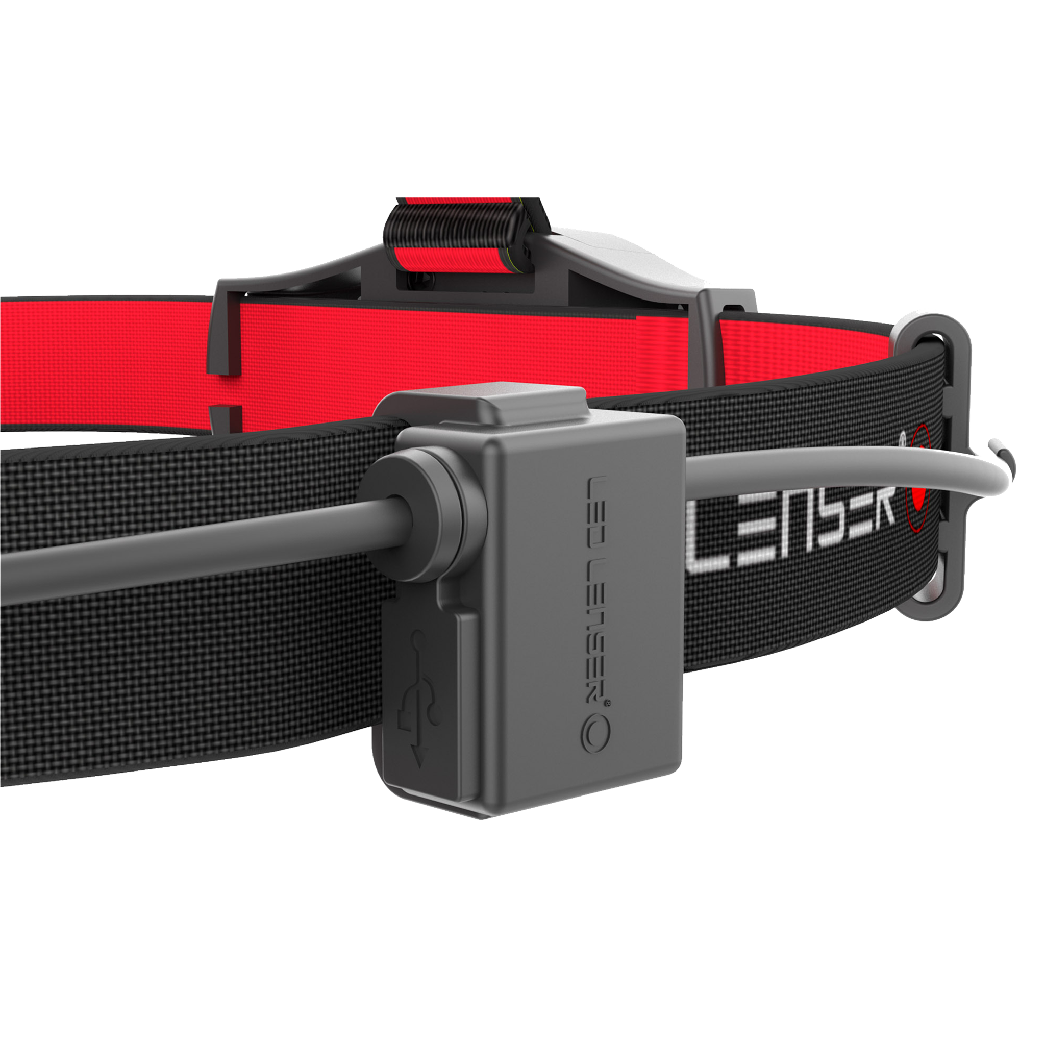 H6R Headlamp close up showing red and black adjustable headband with grey battery pack mount and cable
