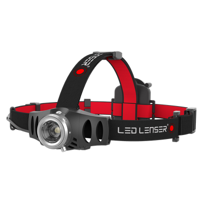 Ledlenser H6R Headlamp mounted on a black and red head strap with front light housing and adjustable headband