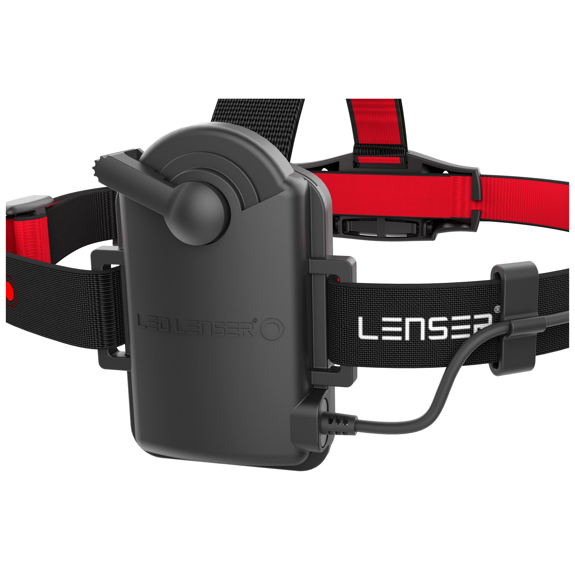 Ledlenser H6 Battery Operated Headlamp with adjustable black head strap grey battery pack and attached charging cable visible on red strap