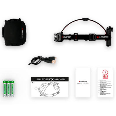 Ledlenser H6R Headlamp kit showing rechargeable headlamp with USB cable head strap battery pack belt pouch and manuals