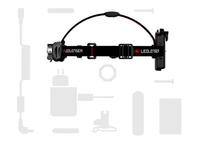 Ledlenser H6 Battery Operated Headlamp mounted on an adjustable head strap with a rear battery pack and attached cable