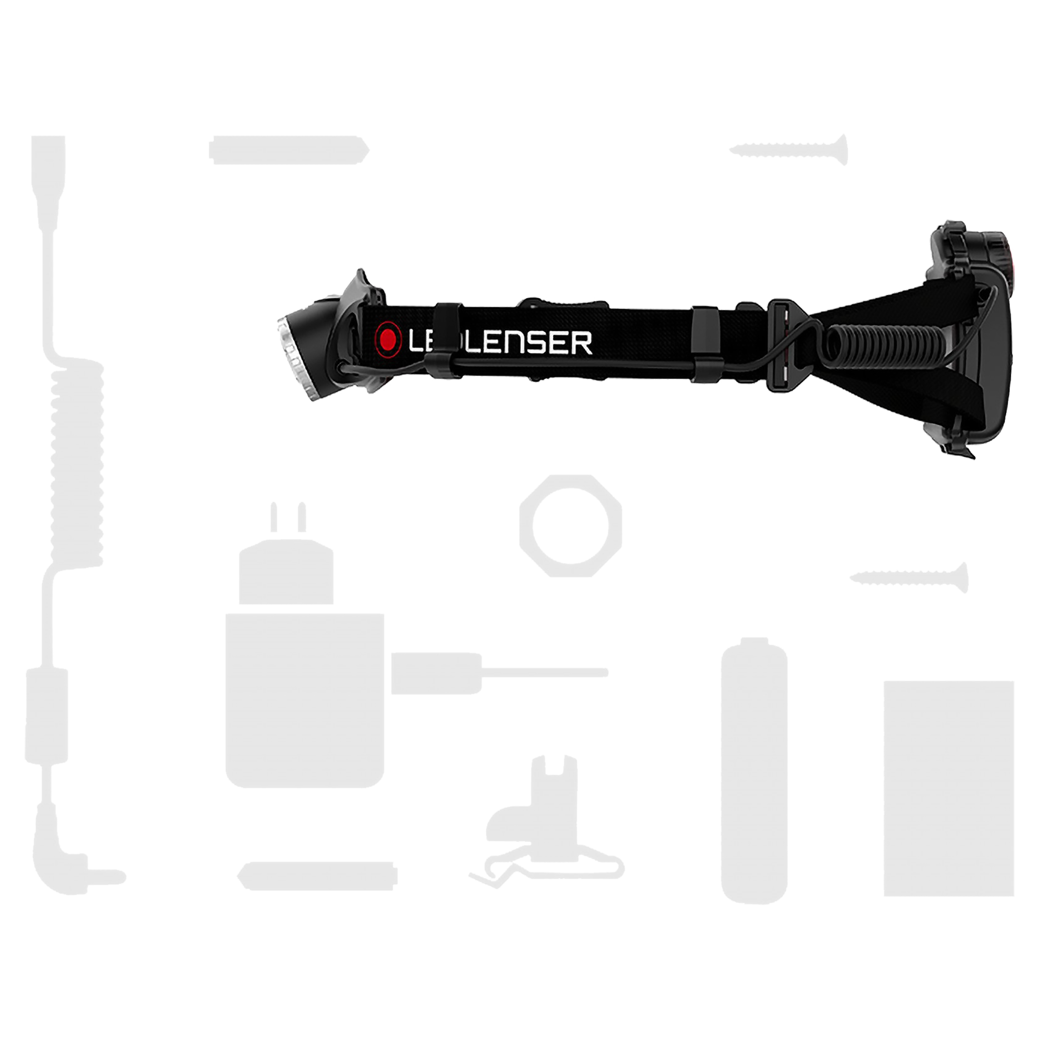 Ledlenser H7 2 headlamp with black adjustable head strap and rear battery pack side profile view