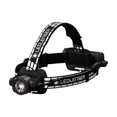 Ledlenser H7R Signature headlamp with adjustable headband and back battery pack black with white branding