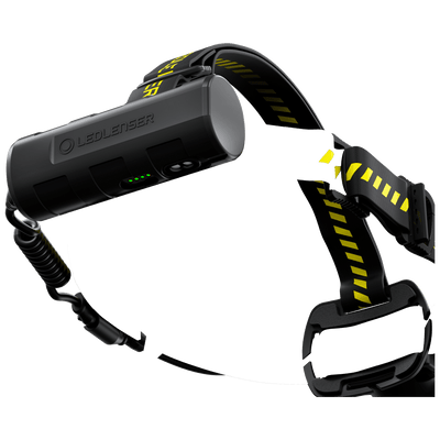 Ledlenser H7R Work Headlamp with rechargeable battery pack black adjustable head strap and green status LEDs on the battery housing viewed from the side
