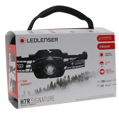 Ledlenser H7R Signature Headlamp packaging box showing a mounted black headlamp on an adjustable strap with red accents and branding