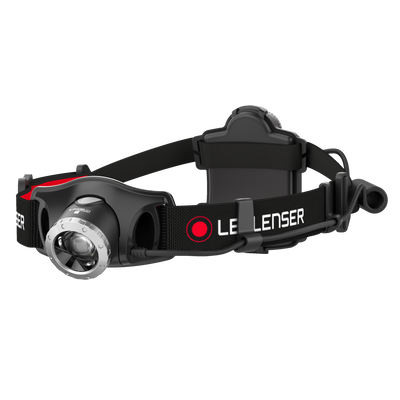 Ledlenser H7R 2 Headlamp with adjustable black head strap external rear battery pack and silver front bezel lens
