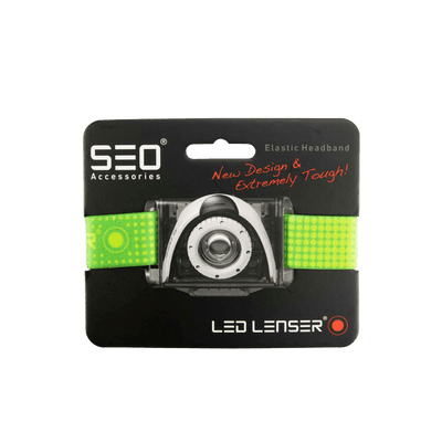 SEO Headband for Headlamp packaging featuring elastic neon green strap and Ledlenser logo