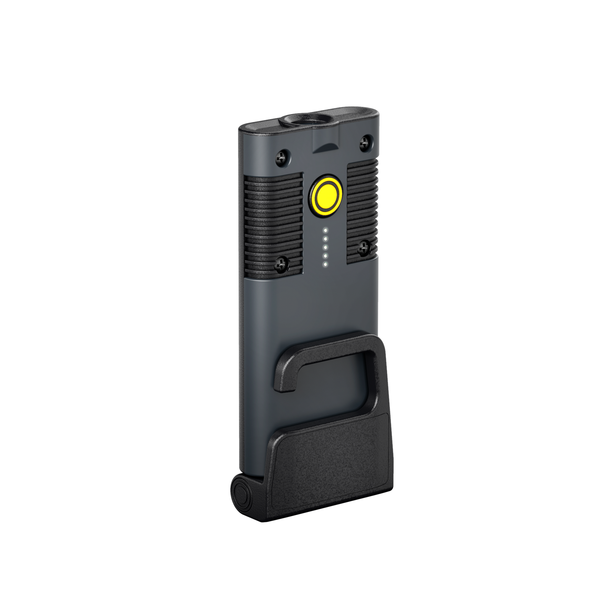 Ledlenser iF2R Spotlight compact rechargeable floodlight shown in vertical orientation with yellow power button and belt clip