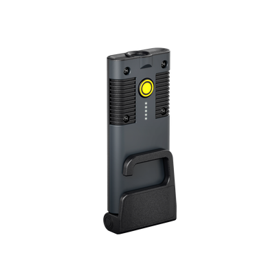 Ledlenser iF2R Spotlight compact rechargeable floodlight shown in vertical orientation with yellow power button and belt clip