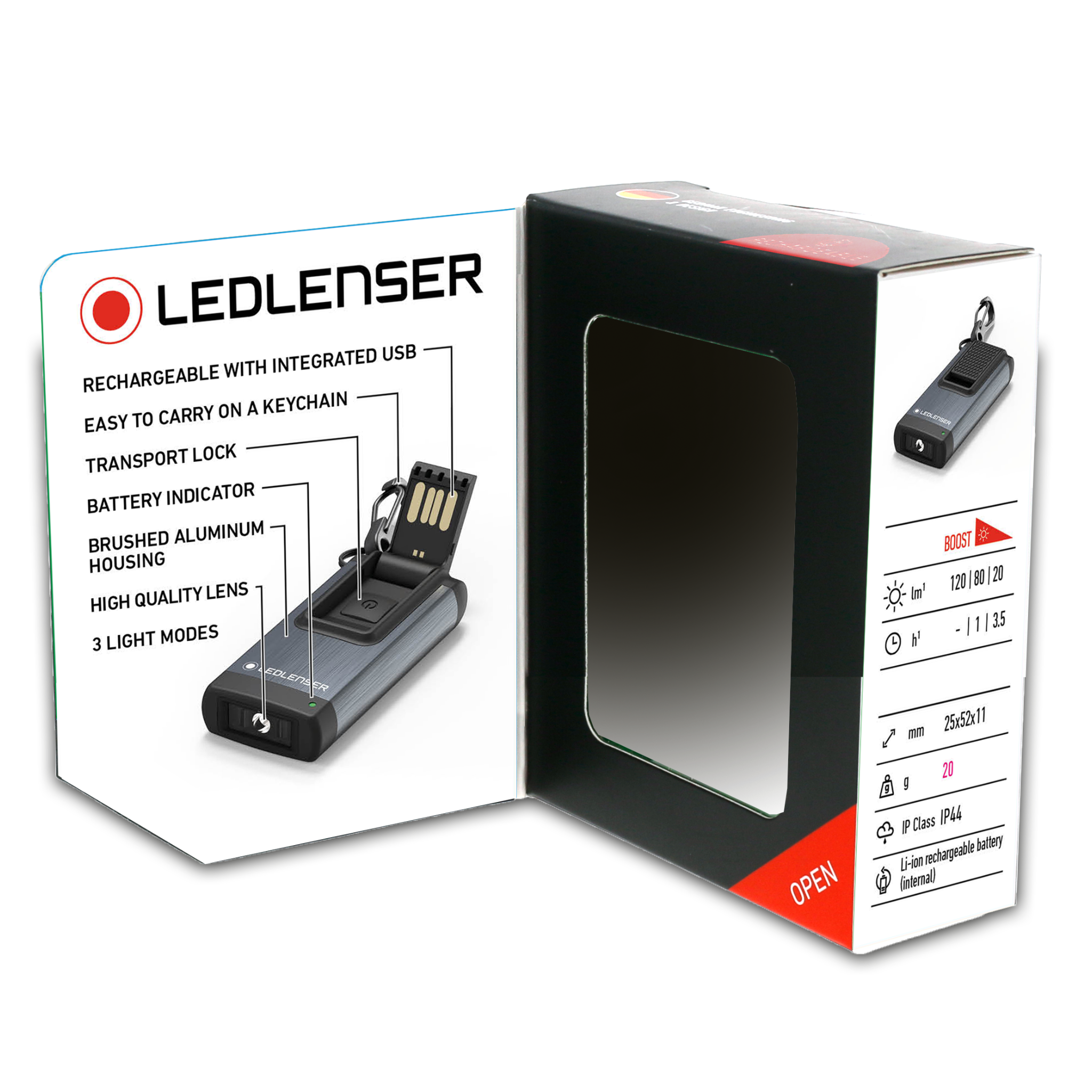 Ledlenser K4R Keychain Light packaging opened showing the compact rechargeable torch with integrated USB charging and a keyring attachment