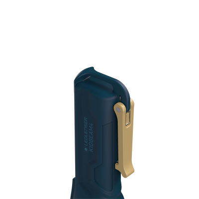 Ledlenser Kidbeam4 Torch in blue with gold clip shown in side angle view