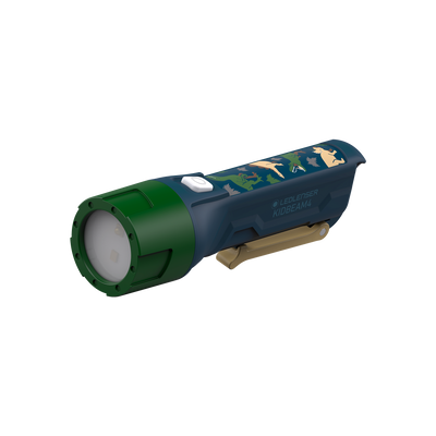 Kidbeam4 Torch by Ledlenser blue body with green front and dinosaur graphic handheld battery operated flashlight