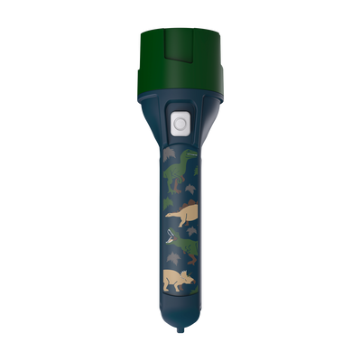 Kidbeam4 Torch blue handle with dinosaur pattern and green cap front view showing silver power button