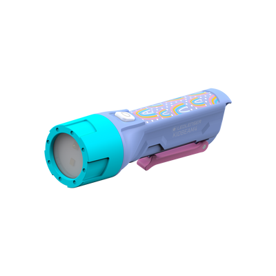 Kidbeam4 Torch a battery operated child’s flashlight with blue body turquoise head and pink clip shown from side