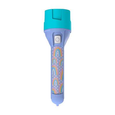 Kidbeam4 Torch blue handle with rainbow pattern and turquoise head front view showing power button
