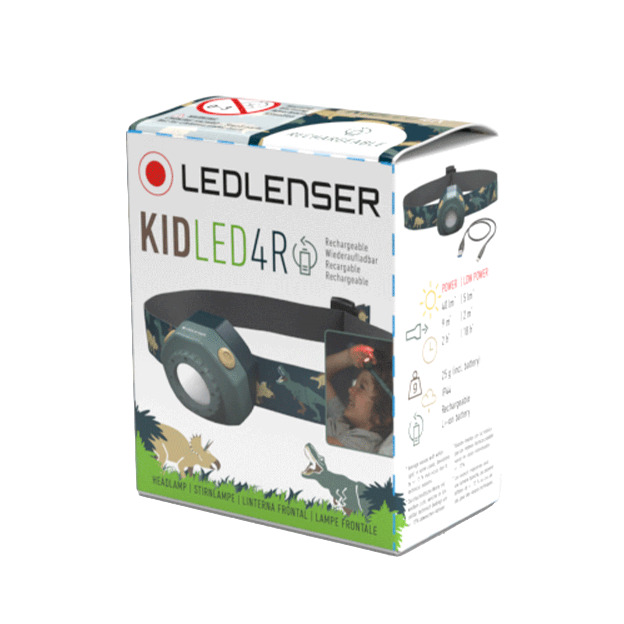 Ledlenser KidLED4R battery operated children's headlamp packaging with camo headband and attached charging cable