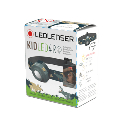 Ledlenser KidLED4R battery operated children's headlamp packaging with camo headband and attached charging cable