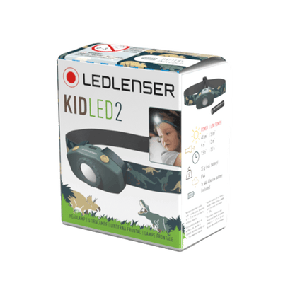 KidLED2 Headlamp packaging box by Ledlenser featuring a headlamp image child wearing it and a green jungle motif on a white background