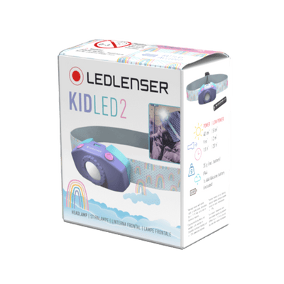 Ledlenser KidLED2 Headlamp packaging box showing a purple headlamp and colorful strap design on the front