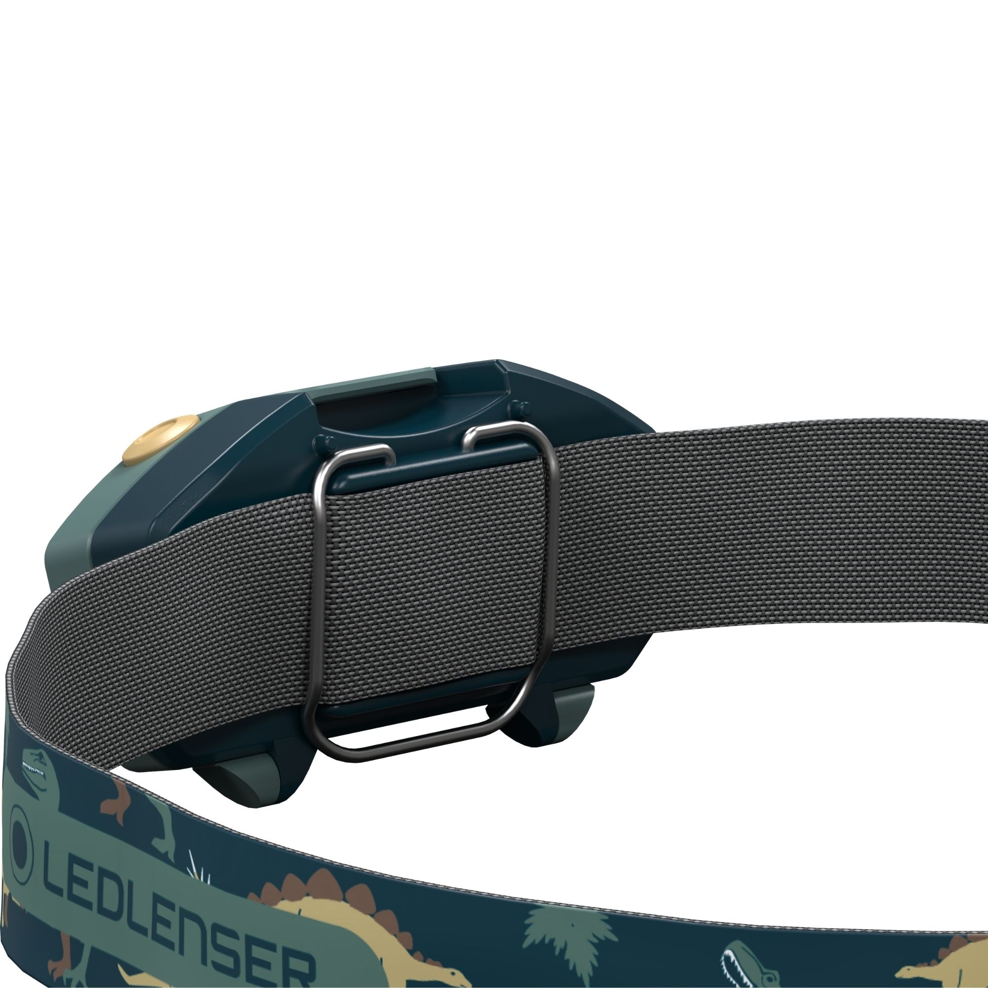 Kidled2 Headlamp by Ledlenser battery operated child headlamp with dark teal body and grey adjustable headband side view