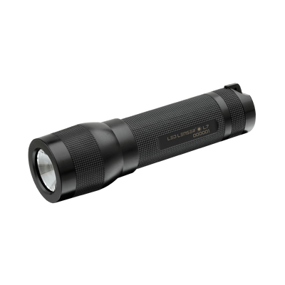 Ledlenser L7 Black Torch compact black handheld flashlight with textured grip and front lens shown at a slight angle