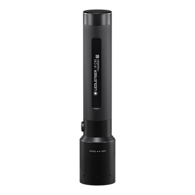 i9 CRI Torch by Ledlenser standing upright black textured cylindrical flashlight with side control and visible branding