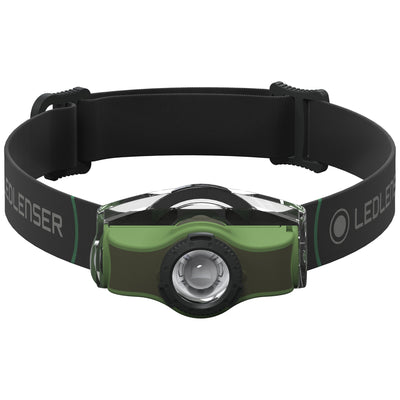 Ledlenser MH4 Green headlamp with green front bezel and adjustable black headband shown front on