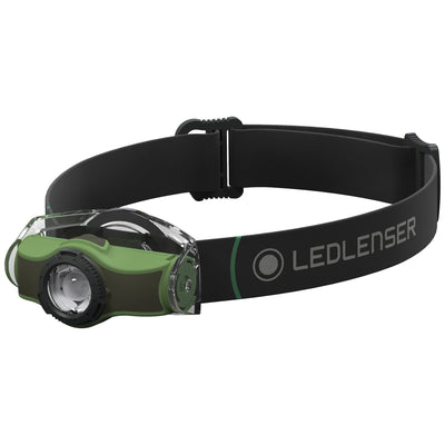 Ledlenser MH4 Green headlamp with adjustable black strap and green housing worn on the head