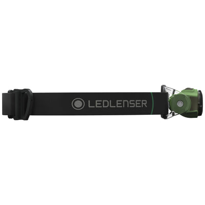 Ledlenser MH4 Green headlamp with black adjustable headband and green front housing side switch visible worn on head
