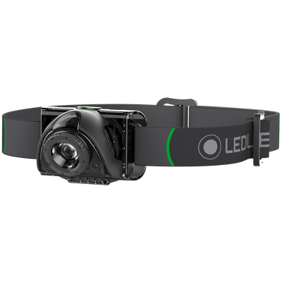 Ledlenser MH6 Headlamp with adjustable headband black and gray finish worn on head in side view