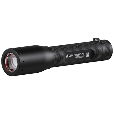 Ledlenser P3R Rechargeable Torch compact black handheld torch shown at a slight angled view with textured grip