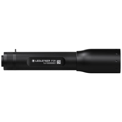 Ledlenser P3R rechargeable torch in side profile black knurled body with label and serial number visible