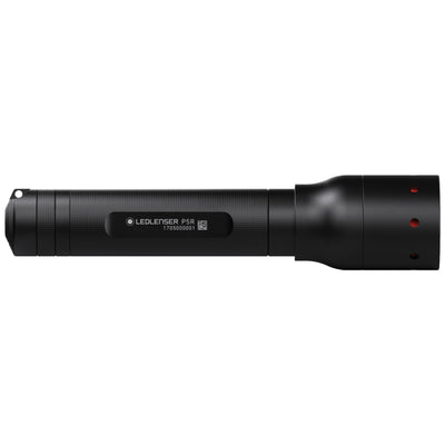 Ledlenser P5R Torch side profile black cylindrical flashlight with textured grip and red indicator holes at the tail