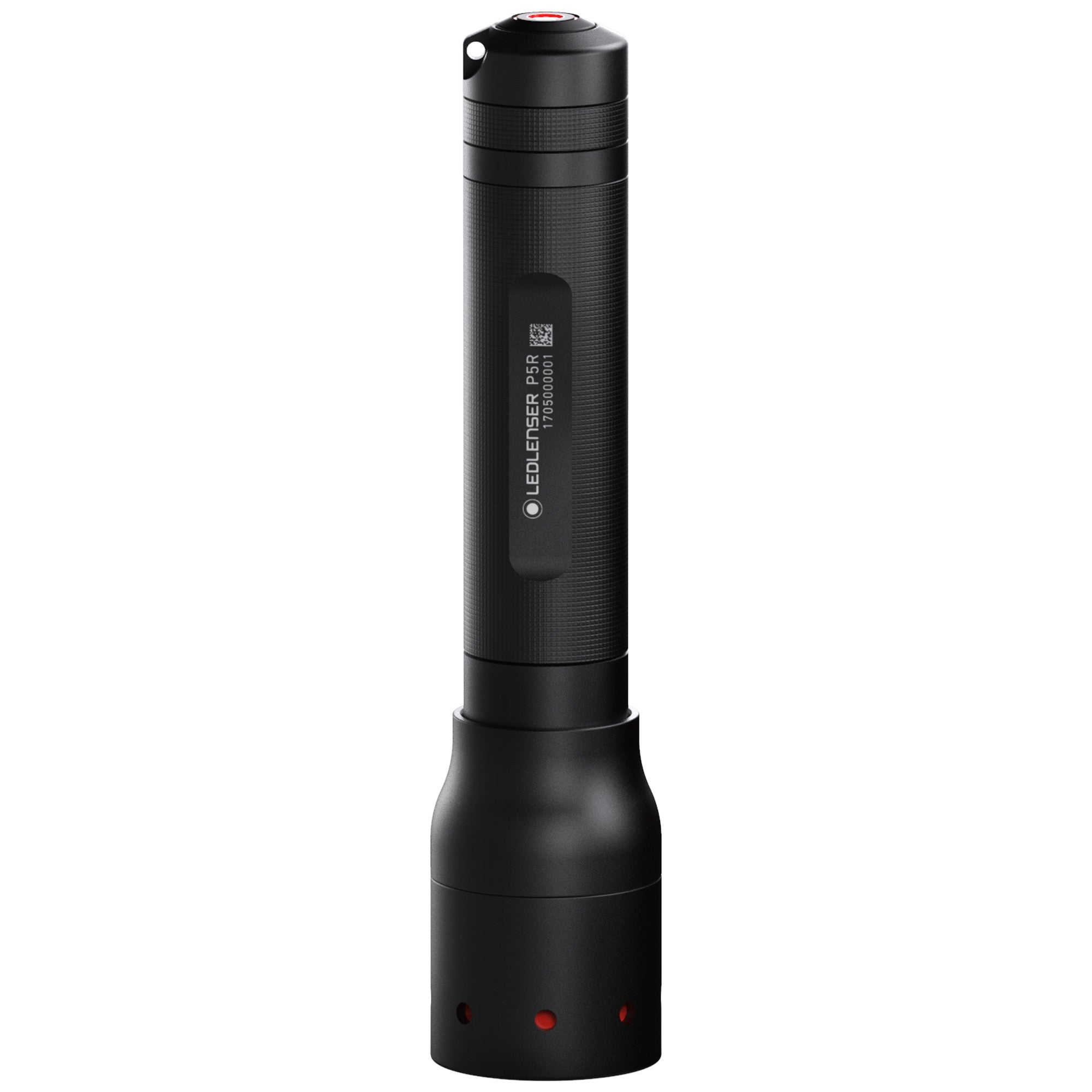 Ledlenser P5R Torch upright in black with textured grip and red top accent shown with a detachable base section