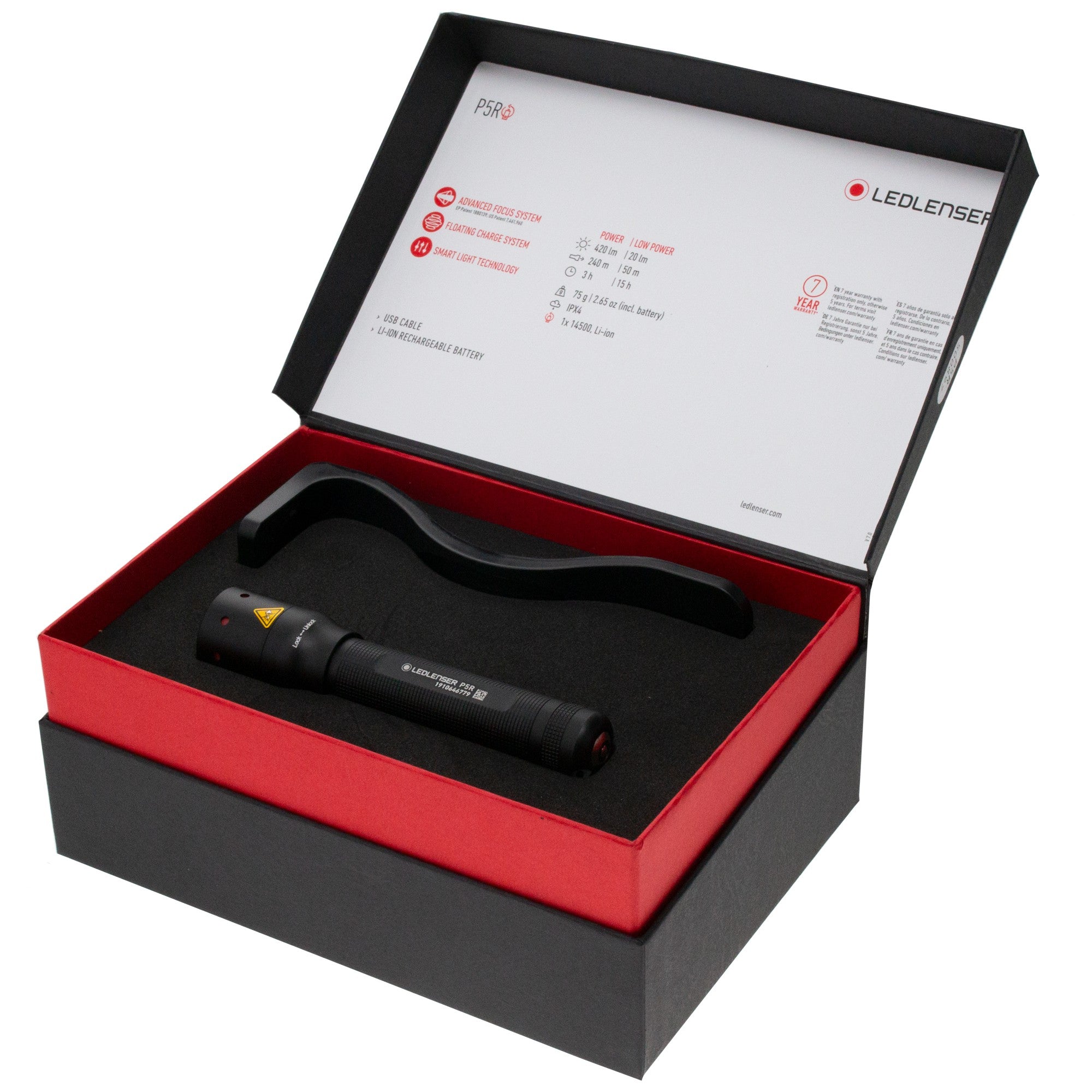 Ledlenser P5R Torch in an open black presentation box with red interior foam insert and documentation on the lid