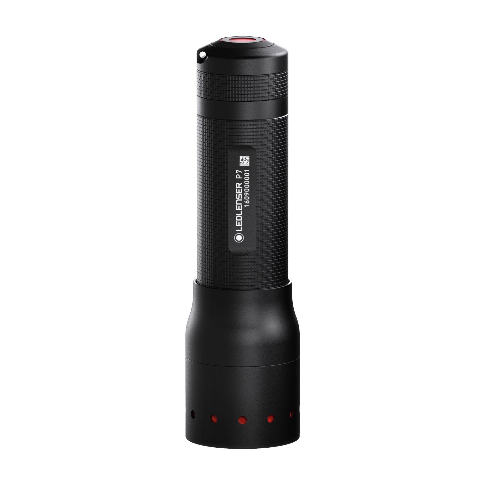 Ledlenser P7 battery operated torch black cylindrical handheld flashlight with textured grip and red top accent shown upright