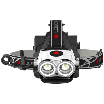 XEO19R White Rechargeable Headlamp front view with dual LED lenses adjustable head strap and rugged bezel by Ledlenser