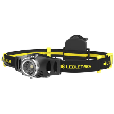 iH3 Battery Operated Headlamp with black yellow headband and rear battery pack visible