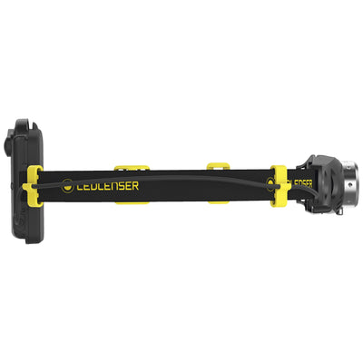 Ledlenser iH3 Battery Operated Headlamp shown in side view with black head strap and yellow accents