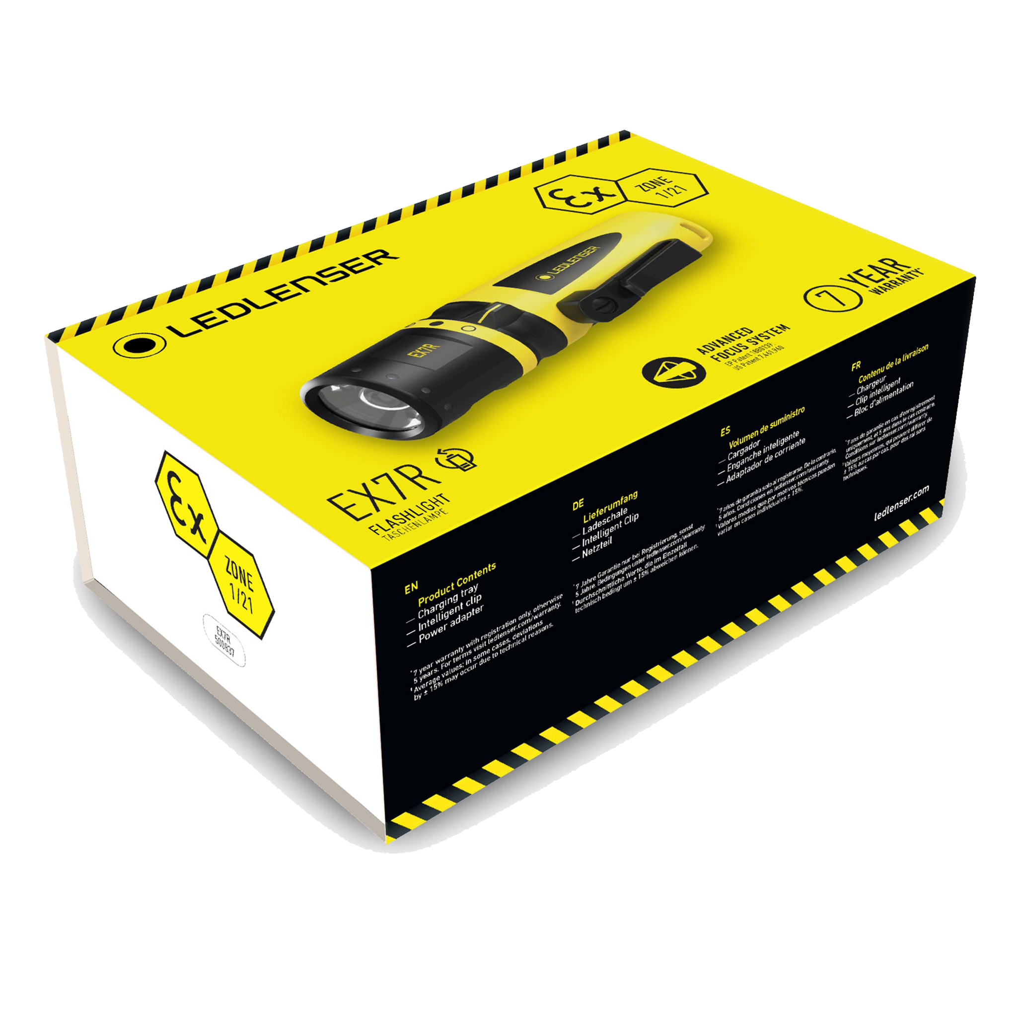 Ledlenser EX7R torch packaging box in yellow and black angled view showing a handheld flashlight with clip and grip design