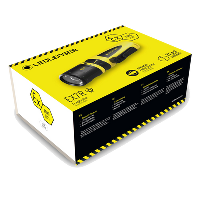 Ledlenser EX7R torch packaging box in yellow and black angled view showing a handheld flashlight with clip and grip design