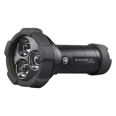 Ledlenser i18R Rechargeable Torch viewed from front left with a four LED head and dark grey body
