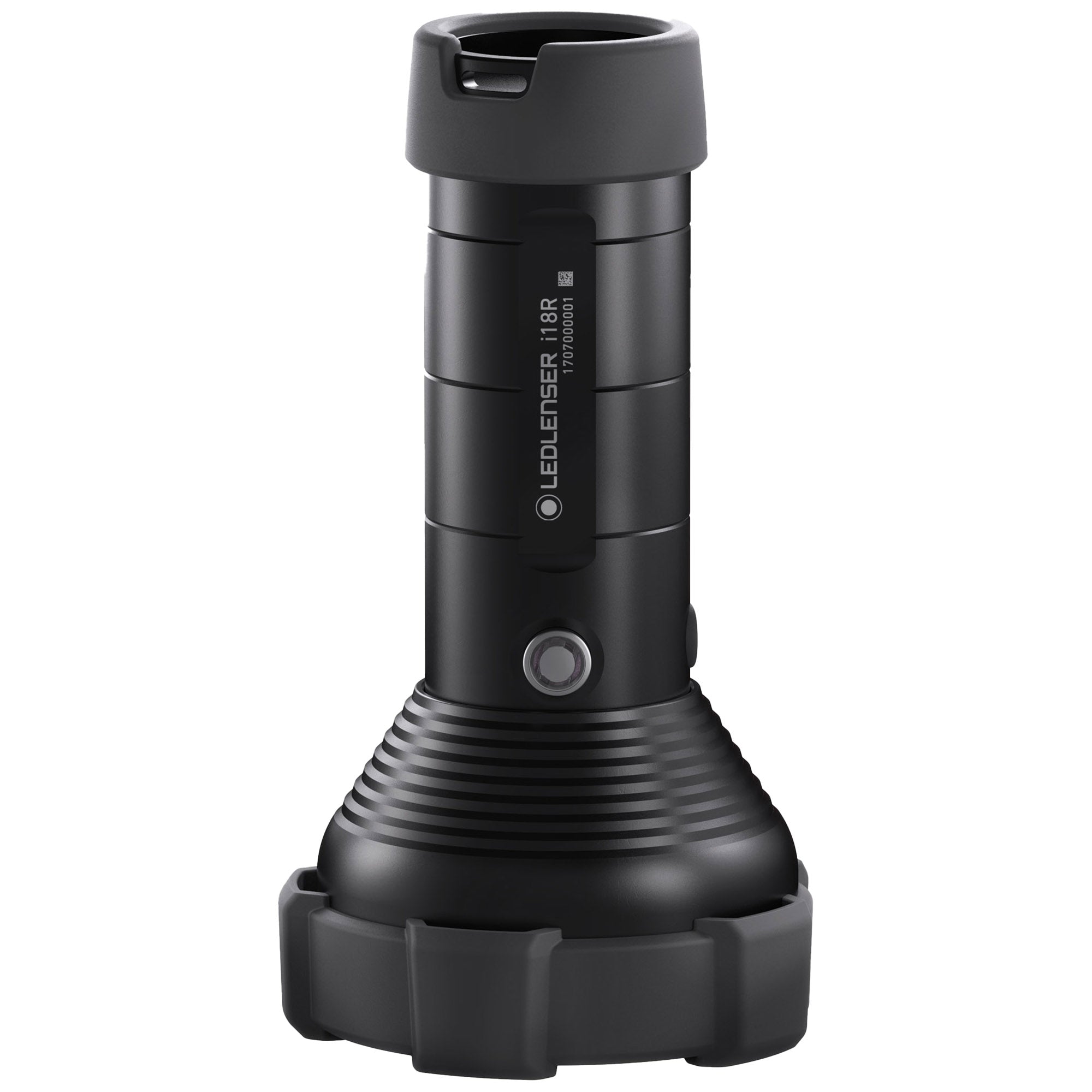 i18R Rechargeable Torch by Ledlenser black vertical flashlight with textured grip and wide base for stability