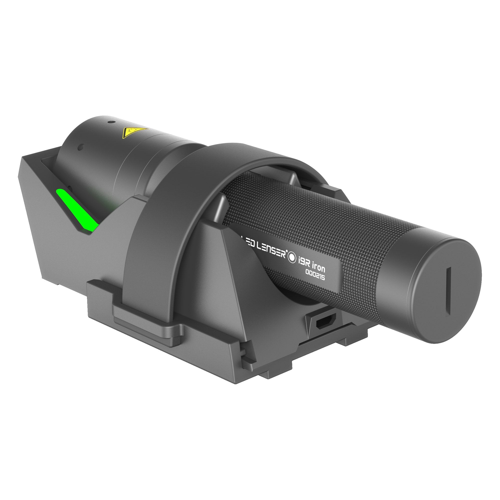 Ledlenser i9R Iron 2 rechargeable torch shown mounted in a grey charging cradle with a green status light