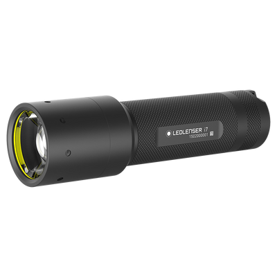 Ledlenser i7 Torch black compact flashlight with knurled grip and yellow lens ring side view